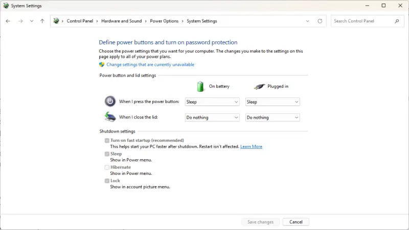 Click change settings that are currently unavailable