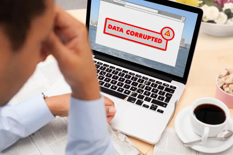 A message on a laptop indicates corrupted data.