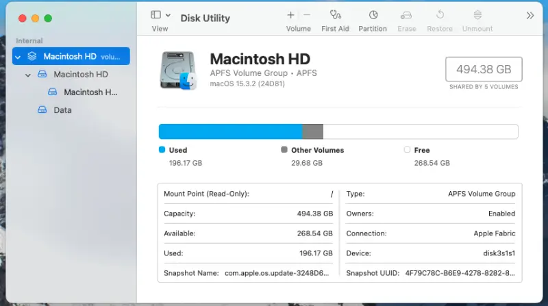 A screenshot showing the Disk Utility interface on macOS.