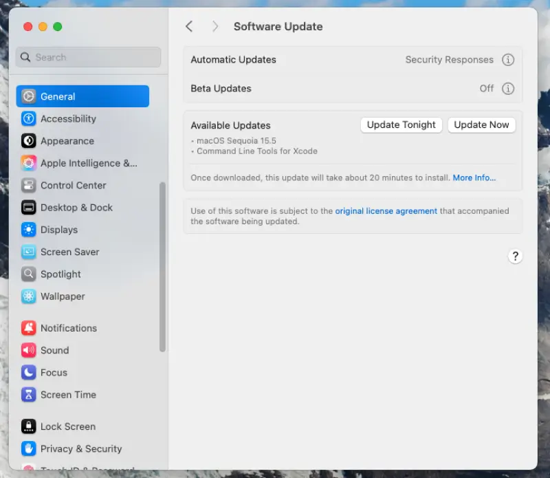 A screenshot showing how to check for updates on macOS.