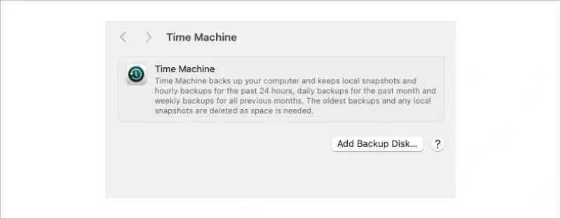 A screenshot showing the Backup Disk option in Time Machine on macOS.