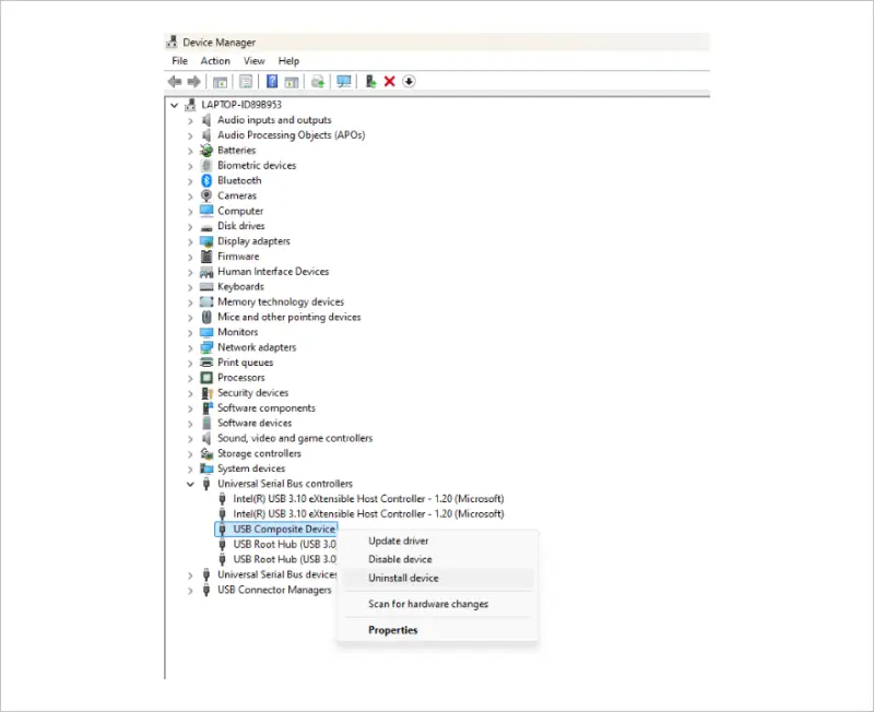 Uninstall device in device manager