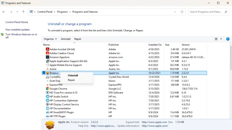 Uninstall recent installations
