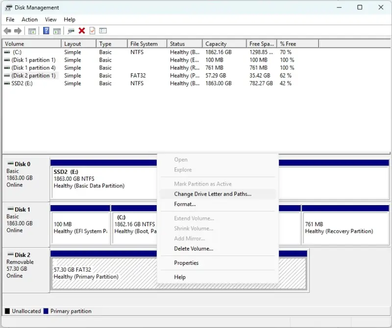 An image showing how to change drive letters in Disk Management on Windows.