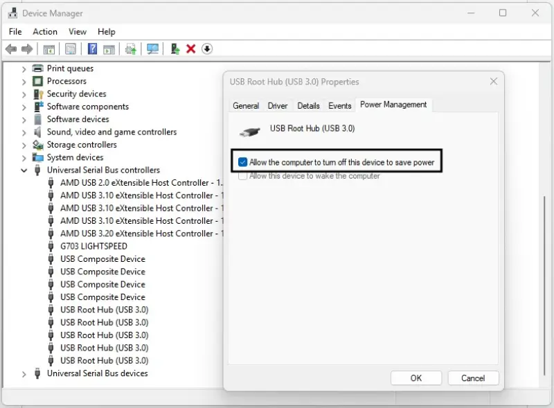An image showing power-saving settings within Device Manger on Windows.