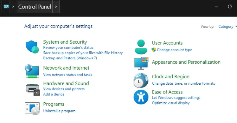 A screenshot of the Control Panel on Windows 11.