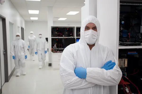 An image of Secure Data Recovery’s engineers in a Class 10 ISO 4 cleanroom.
